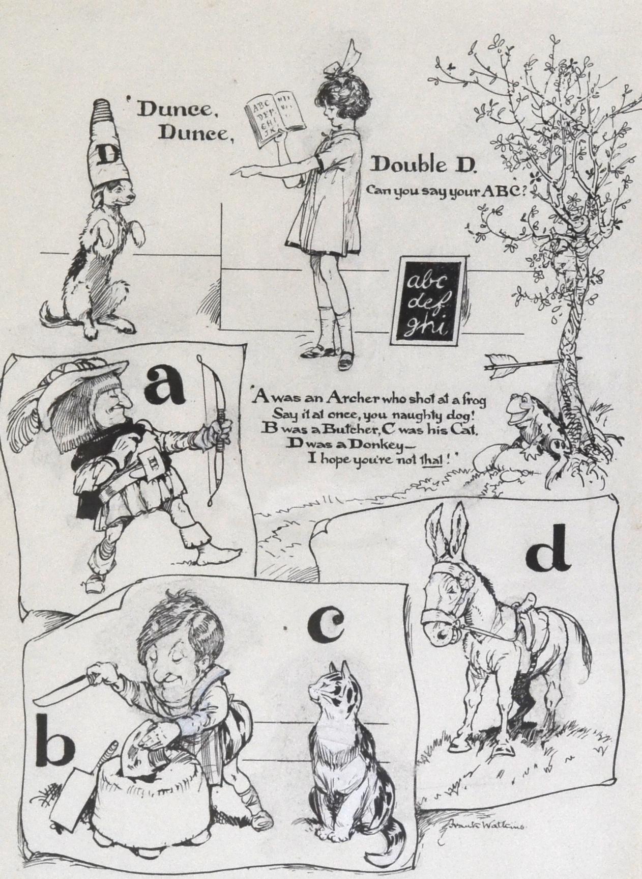 Frank Watkins Figurative Art - Dunce, Dunce, Double D - Original pen and ink 1920s Children's Book Illustration