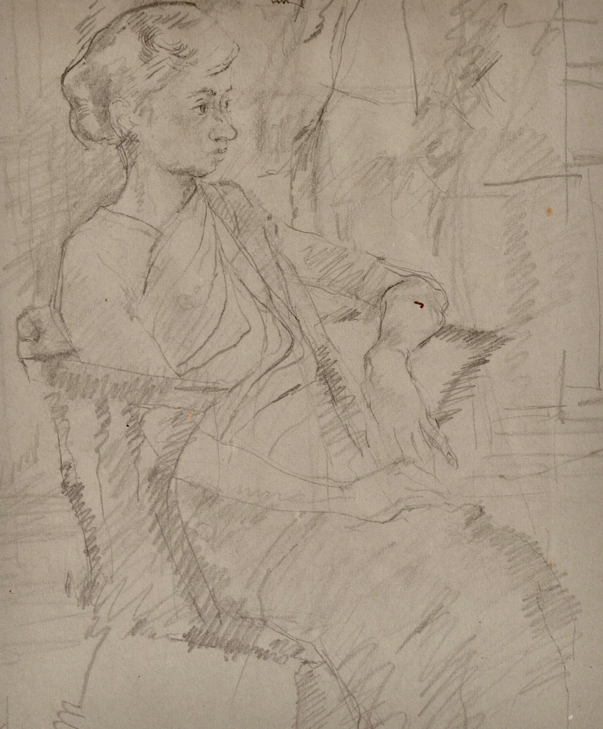 Jeune fille dans une Sari - dessin au crayon du 20e siècle par Carolyn Sergeant