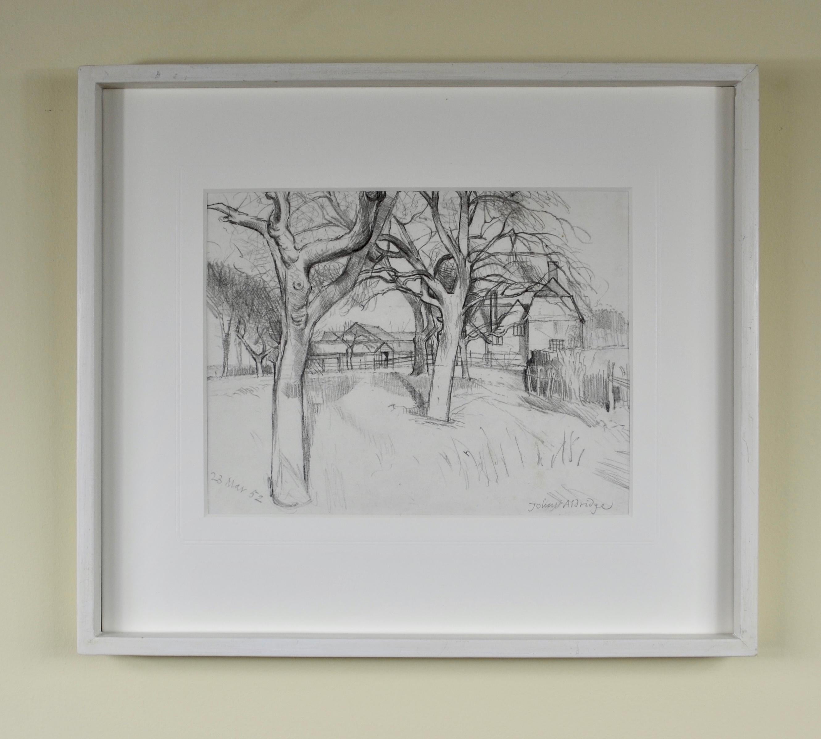 JOHN ALDRIDGE, RA
 (1905-1983)

Orchard, Claypit Hall Farm, Great Bardfield, Essex

Signed and dated 23 Mar 52
Pencil

18.5 by 24 cm.,  7 ¼ by 309 ½ in. 
(frame size 33.5 by 38.5 cm., 13 ¼  by 15 ¼ in.)

John Arthur Malcolm Aldridge was born in