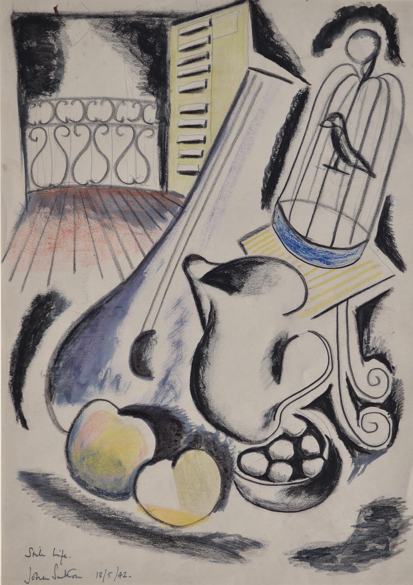 John Sutton Still-Life - Still Life with Bird Cage - 1940s Cubist Still Life Drawing