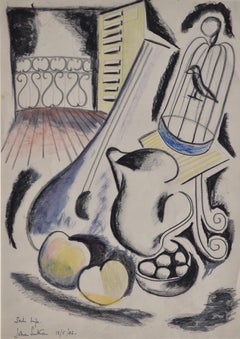 Nature morte avec cage à oiseaux - dessin cubiste de nature morte des années 1940