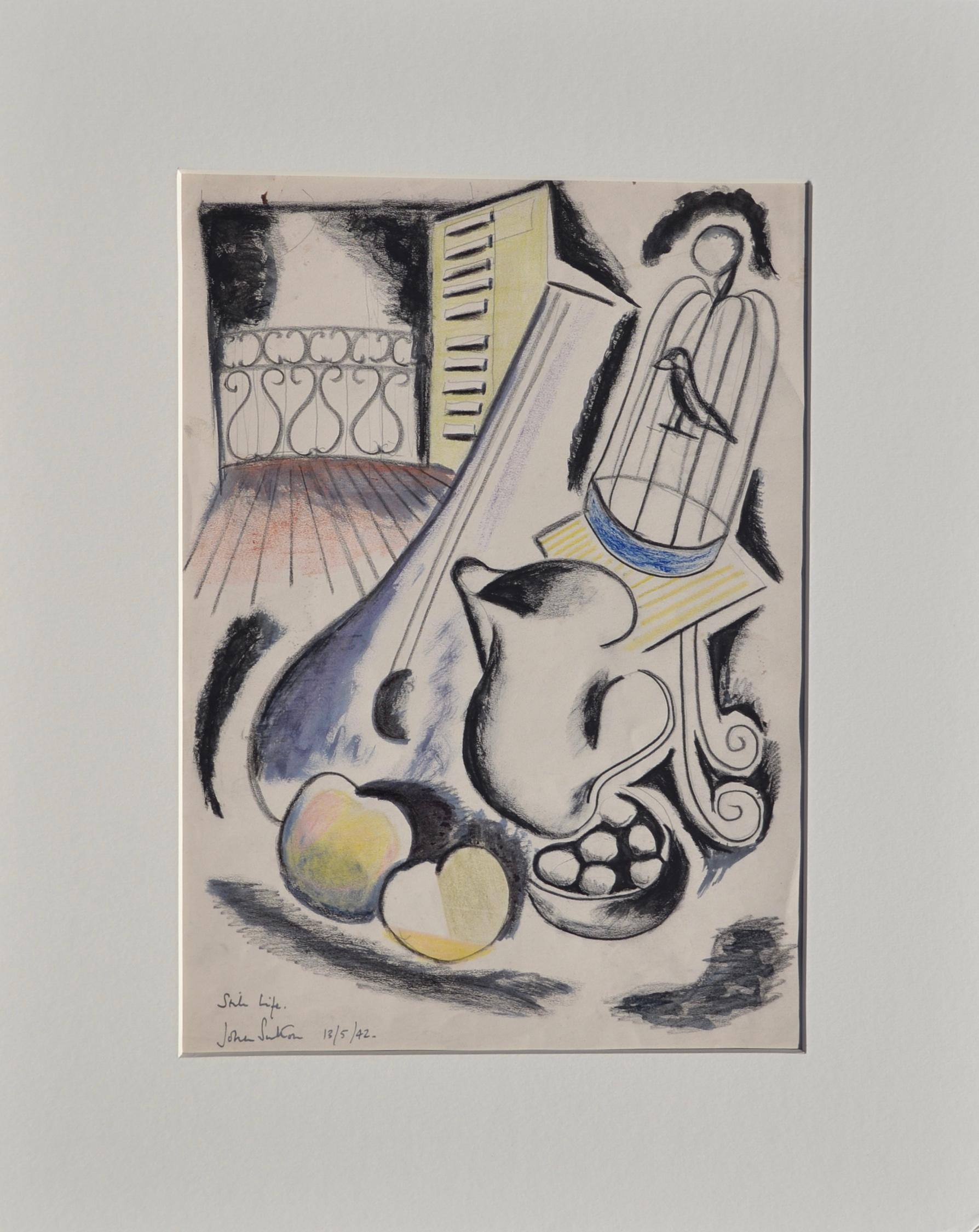 Still Life with Bird Cage - 1940s Cubist Still Life Drawing - Art by John Sutton