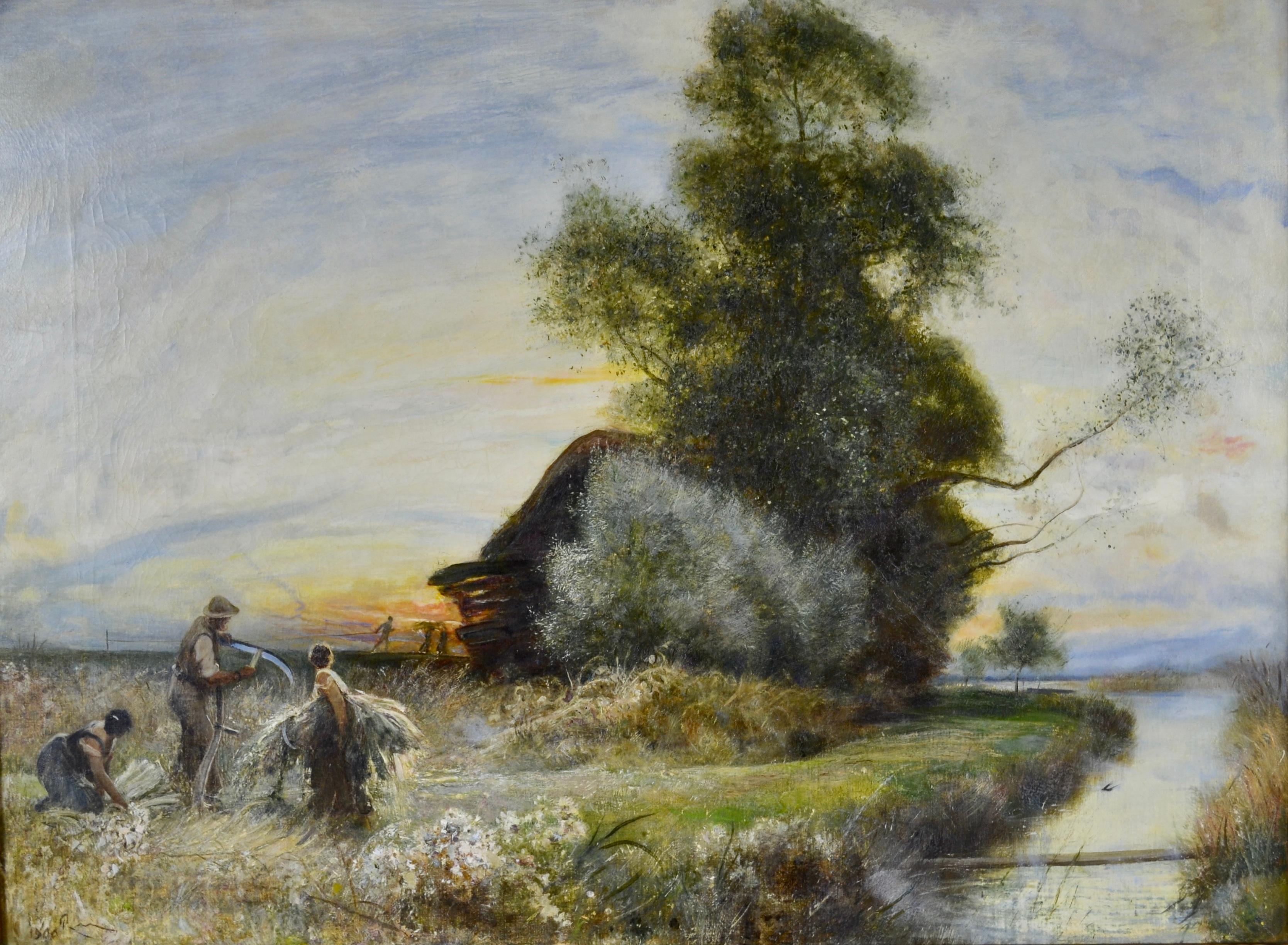 Robert Walker Macbeth, RA Landscape Painting – Fenland Reed Cutters – viktorianisches Idyllist-Landschaftsgemälde von Walker Macbeth