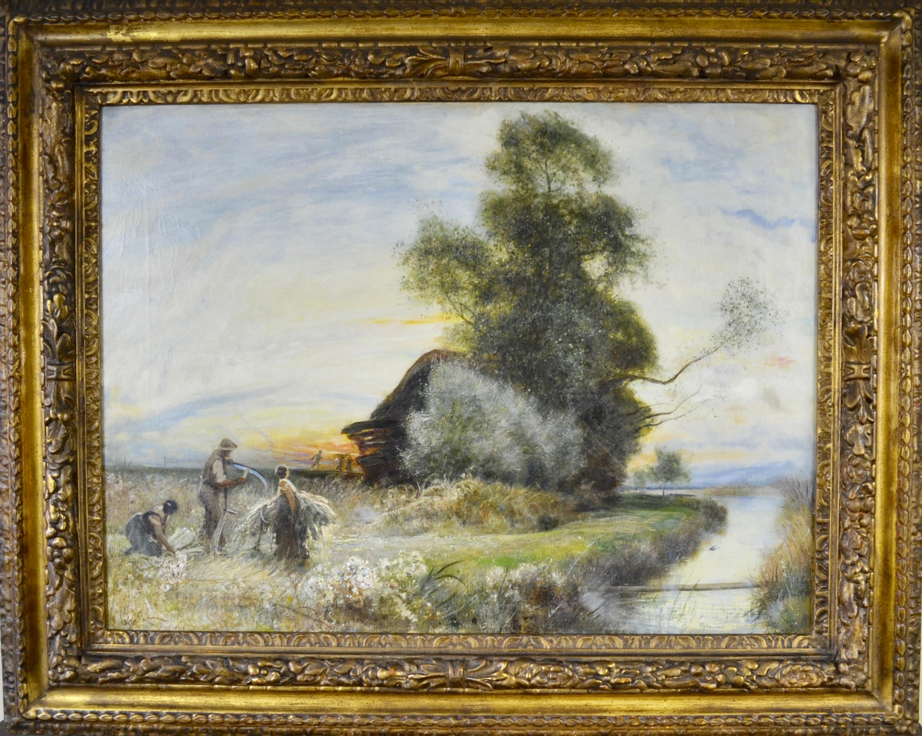 Fenland Reed Cutters - Victorian Idyllist landscape painting by Walker Macbeth - Painting by Robert Walker Macbeth, RA