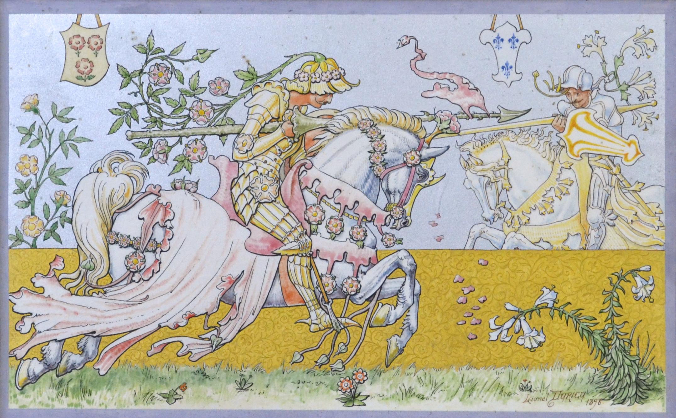 « The Lily and the Rose » (Le nénuphar et la rose) - Aquarelle sur vélin Arts & Crafts d'après Walter Crane