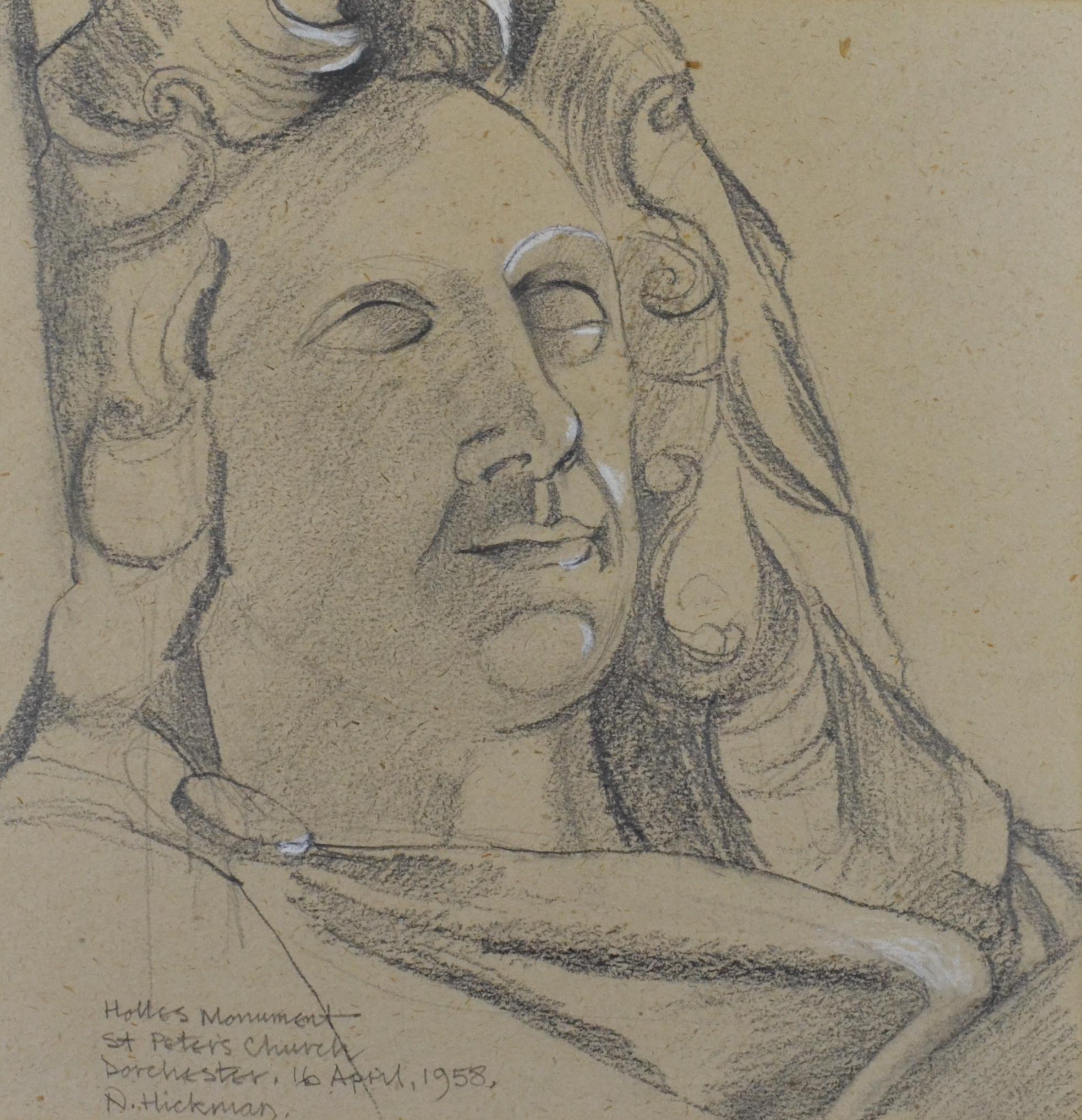 Neville Hickman Portrait – Monument für Denzil Holles, Dorchester, Zeichnung des britischen Künstlers aus den 1950er Jahren