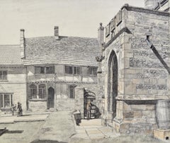 The Pitchmarket, Cerne Abbas - dessin à l'aquarelle britannique des années 1930 par Schwabe