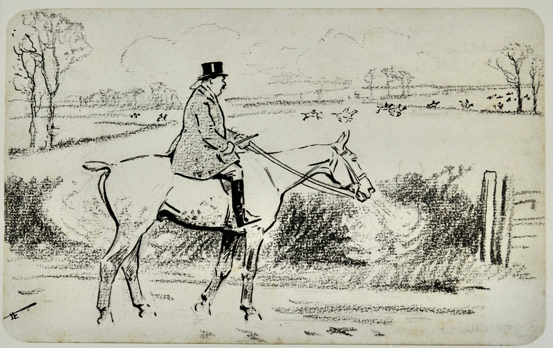 LIONEL EDWARDS
(1878-1966)

The Welter Weight 
     – The Race may not always be to the swift – but it generally is with the Pytchley!

Signed with monogram; inscribed with title on the reverse
Pencil and pen and ink

13.5 by 22 cm., 5 ¼ by 8 ¾