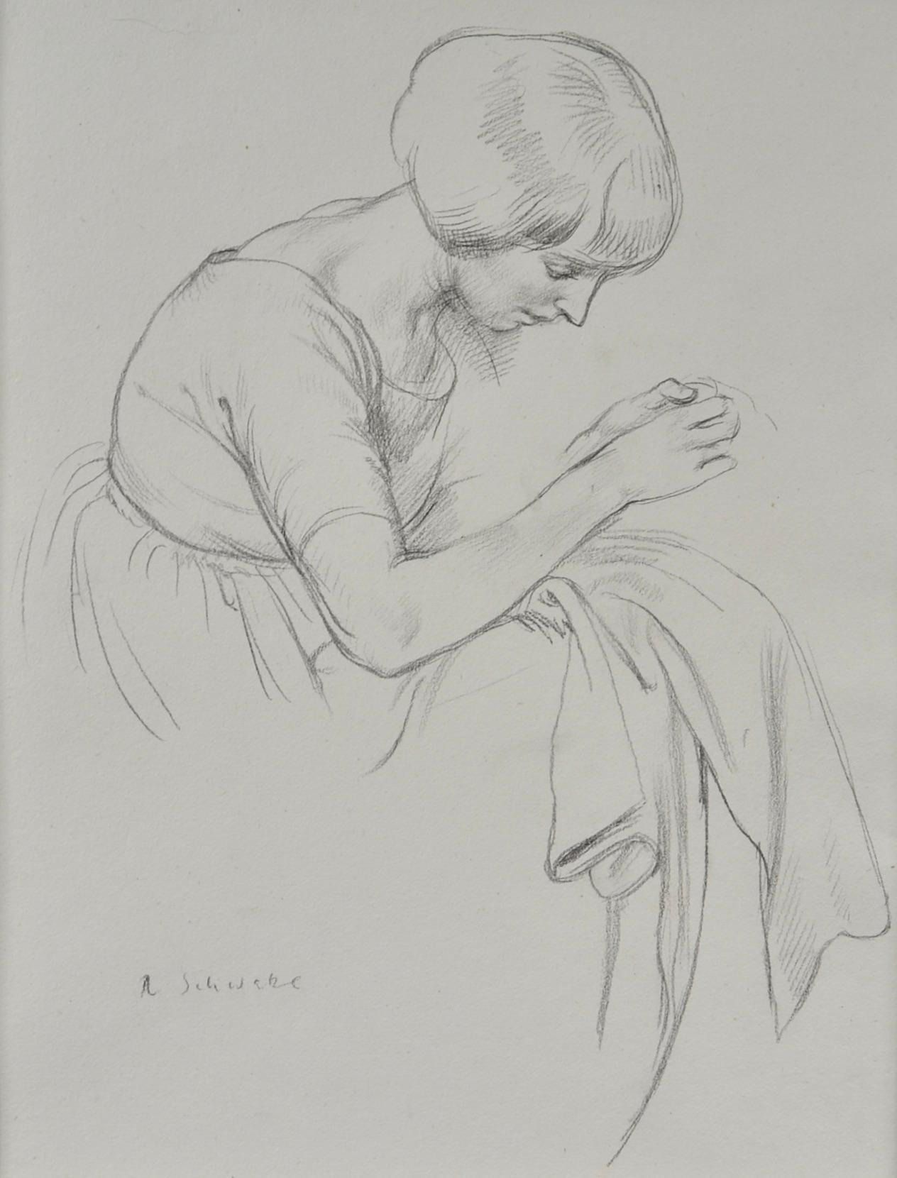 Randolph Schwabe, RWS, NEAC Portrait - Birdie Sewing - 20th Century British drawing of the artist's wife by Schwabe