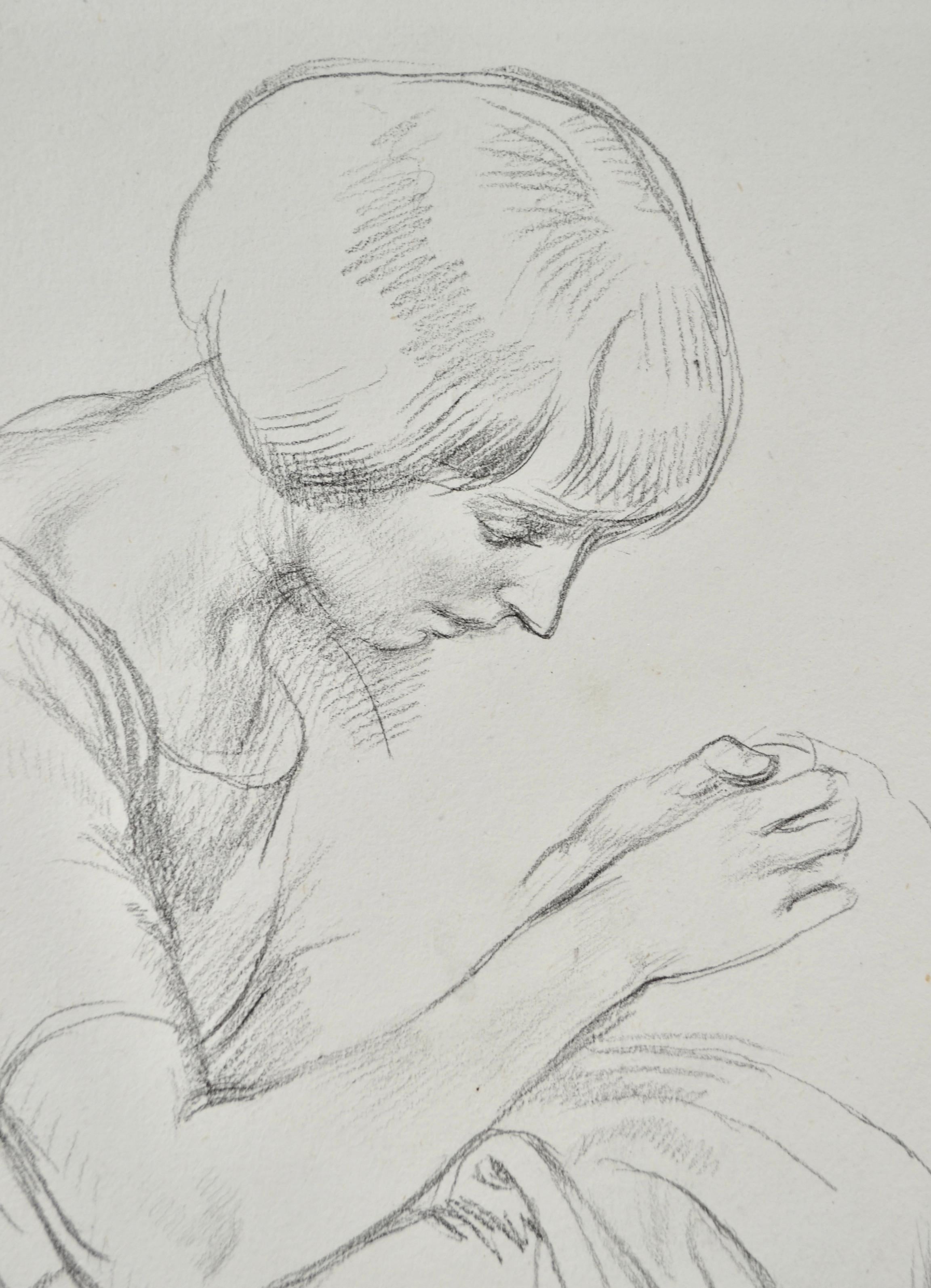 Birdie Sewing - 20th Century British drawing of the artist's wife by Schwabe - Art by Randolph Schwabe, RWS, NEAC