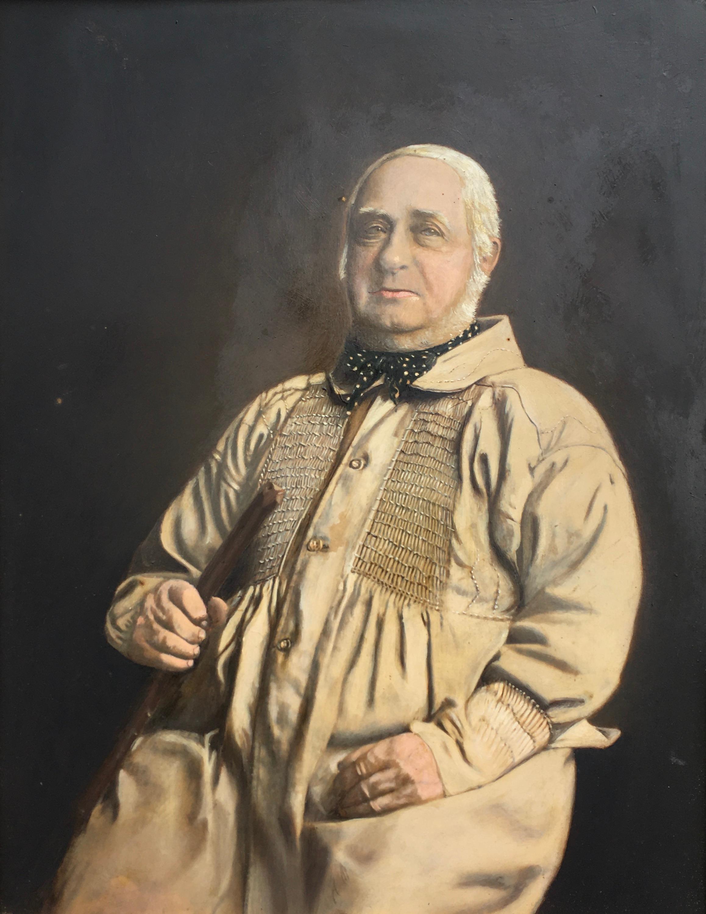 British School Figurative Painting – Portrait-Ölgemälde über einem fotografischen Sockel von Farmer, 19. Jahrhundert