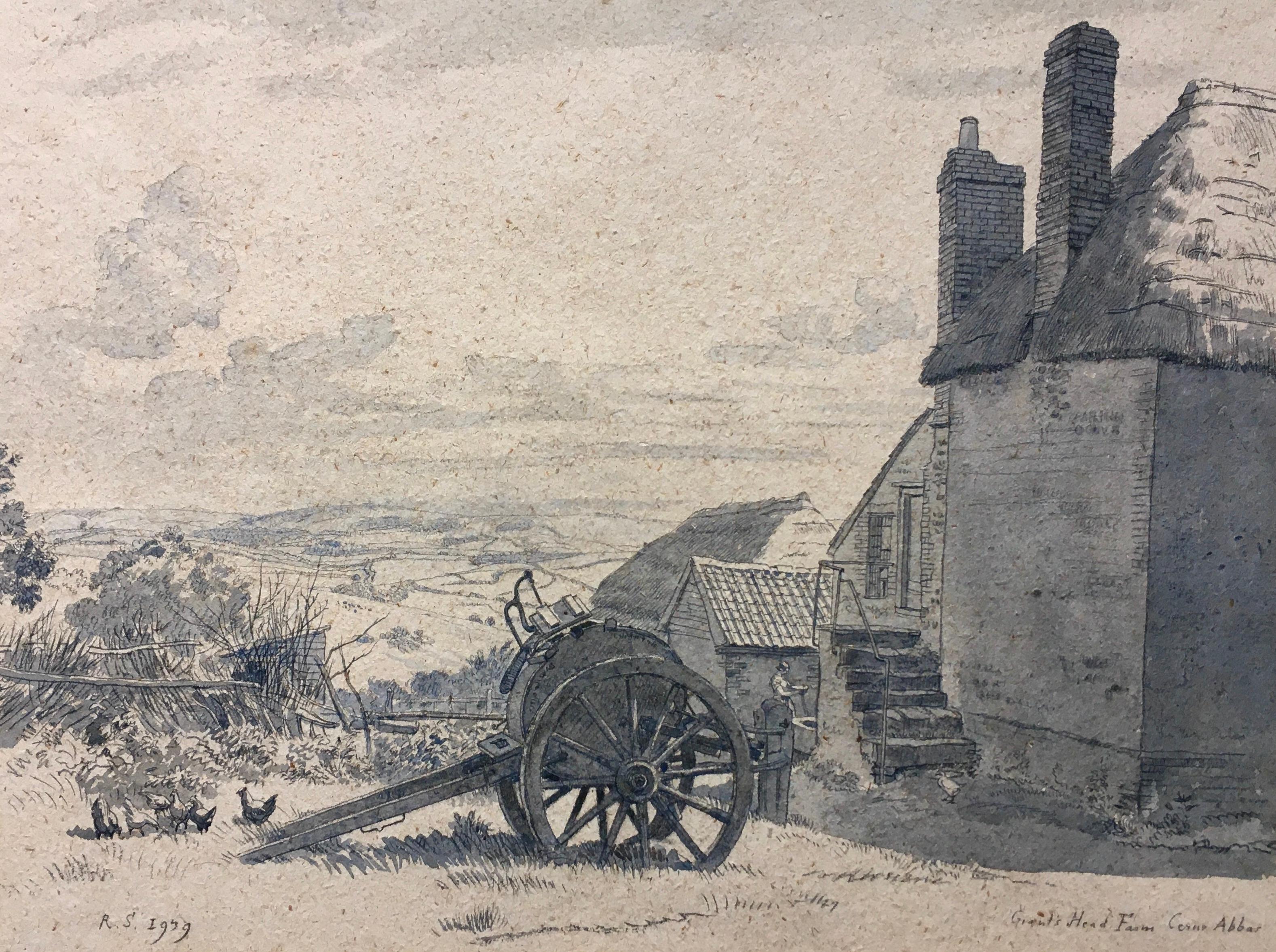 Giant's Head Farm, Cerne Abbas - 1930s British drawing by Randolph Schwabe