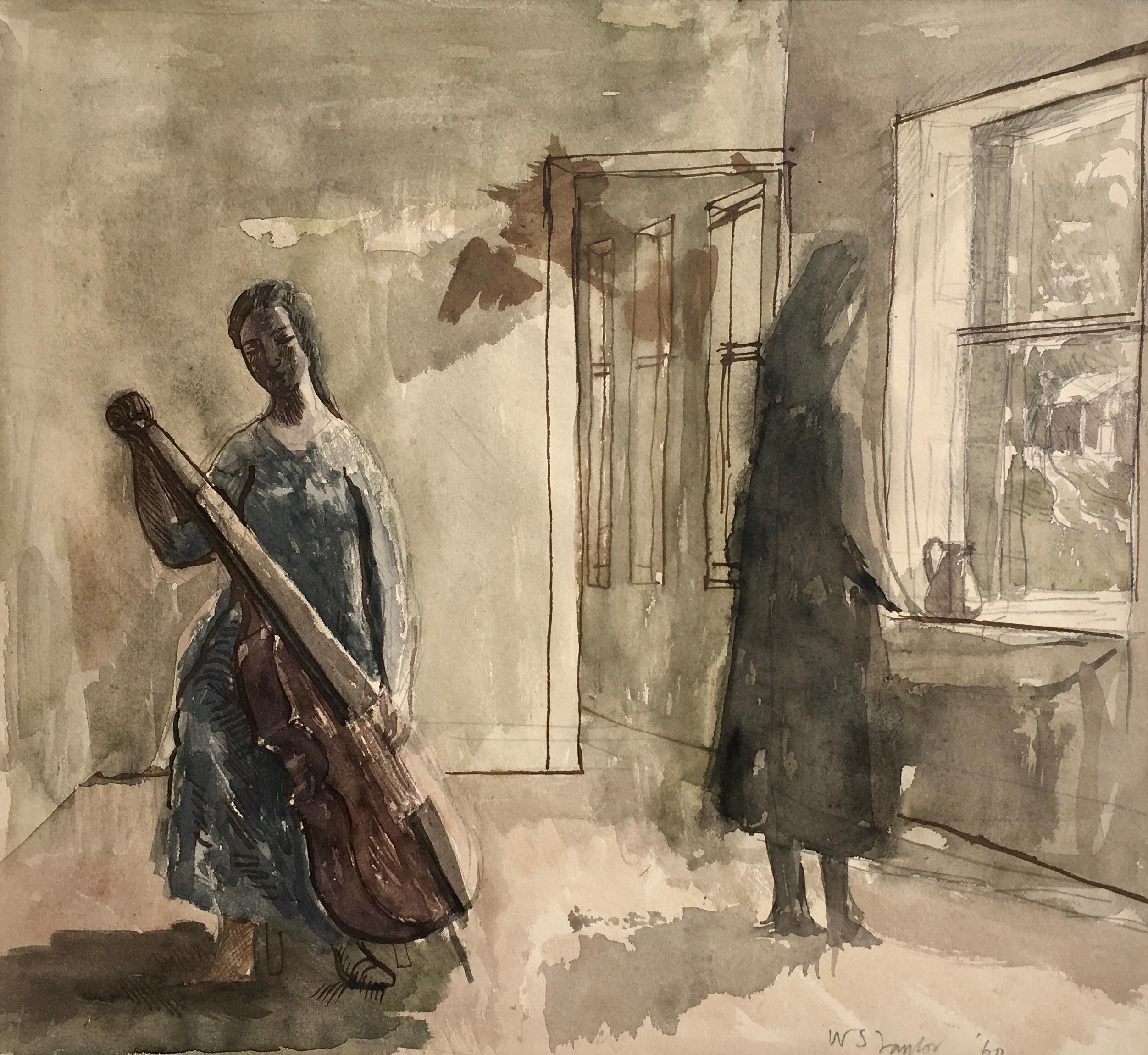 The Cello - Moderne britische Aquarellzeichnung der 1960er Jahre von William S. Taylor