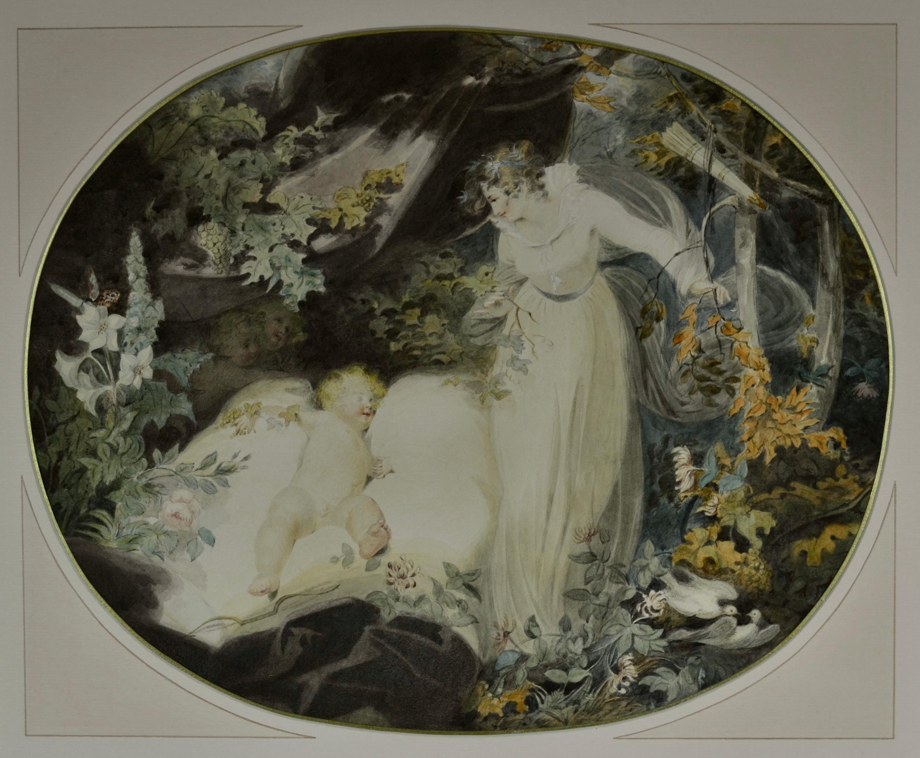 RICHARD WESTALL, RA
(1765-1836)

Cupid Sleeping; from a poem of Mrs Robinson

         - The Duchess of Devonshire Discovers the Sleeping Cupid

Watercolour on paper, oval

36 by 44.5 cm., 14 ¼ by 18 in. 
(frame size 55 by 66 cm., 21 ¾ by 26