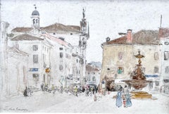 Watercolour of a European Piazza by James Kerr-Lawson, circa 1900