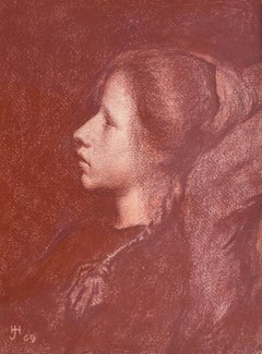 Antique Reverie - Early 20th Century British chalk drawing of a girl by H J Harvey