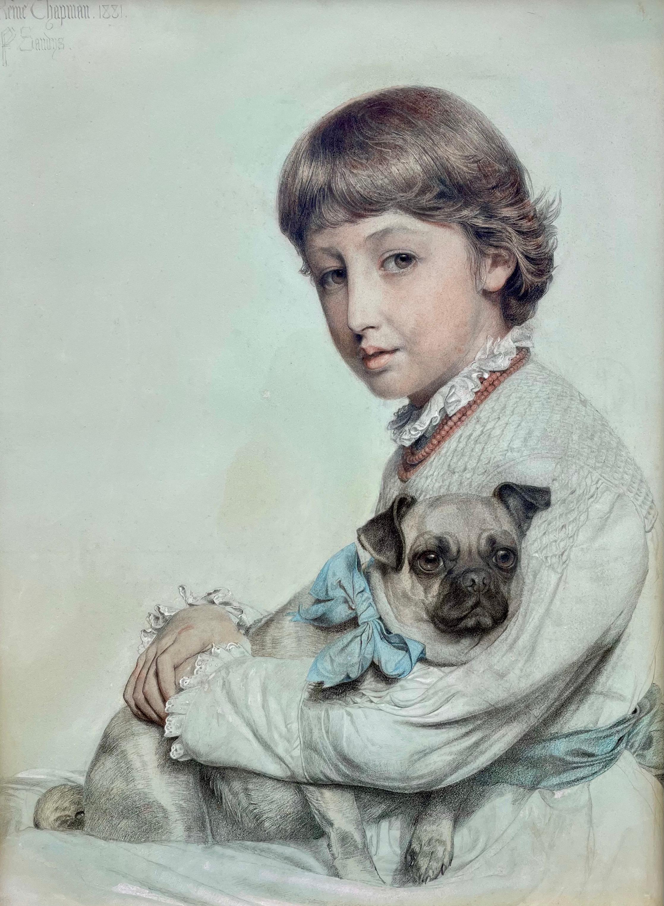 British Pre-Raphaelite Portrait drawing of Girl with Pug Dog by Frederick Sandys - Art by Anthony Frederick Augustus Sandys