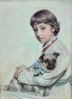 Antique British Pre-Raphaelite Portrait drawing of Girl with Pug Dog by Frederick Sandys