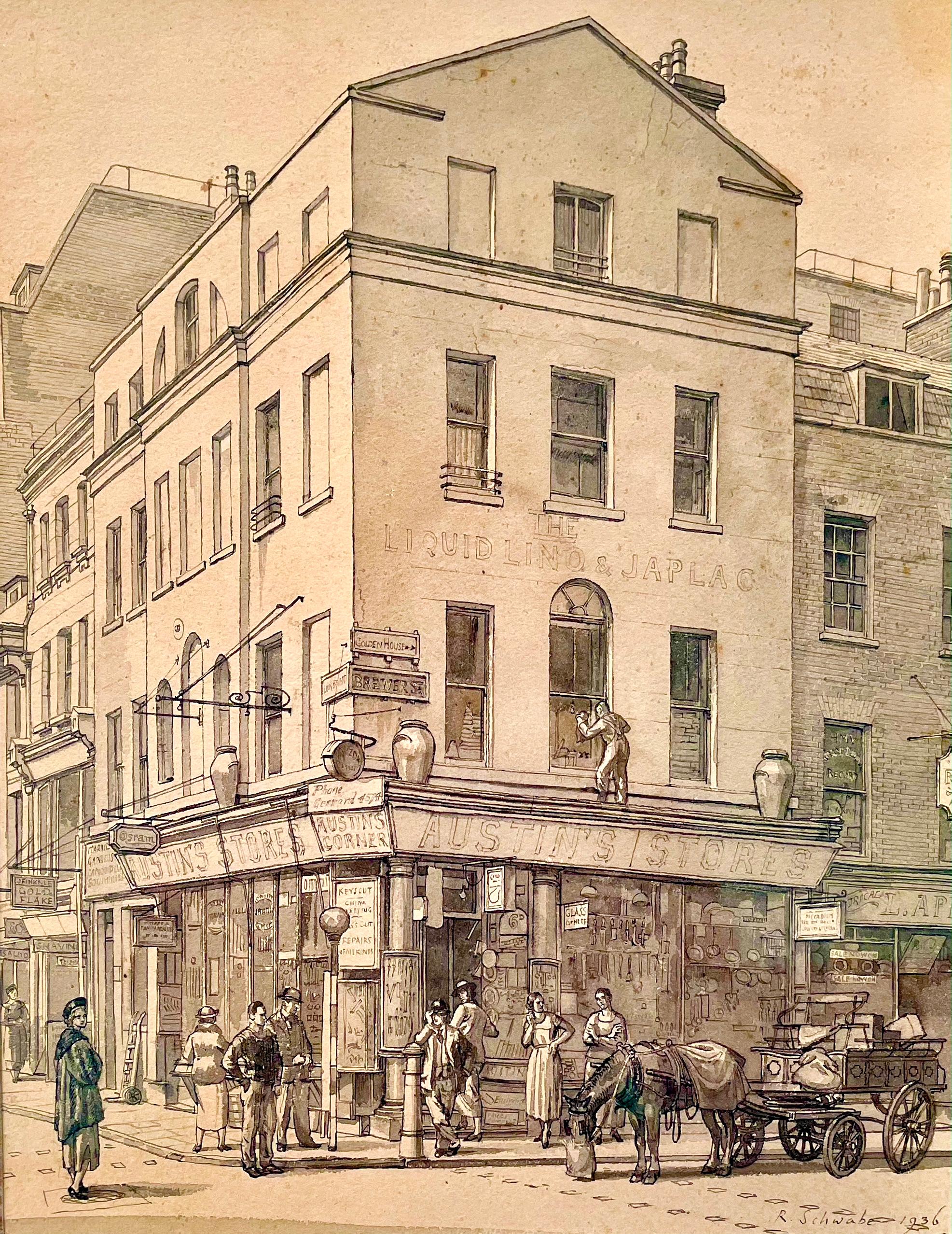 RANDOLPH SCHWABE, RWS, NEAC
 (1885-1948)

Austin's Stores, Brewer Street, Soho

Firmato e datato a sinistra: R Schwabe 1936
Acquerello a grisaglia e penna e inchiostro
Incorniciato

32 x 24,5 cm, 12 ½ x 9 ¾ pollici.
(dimensioni della cornice 55 x 47