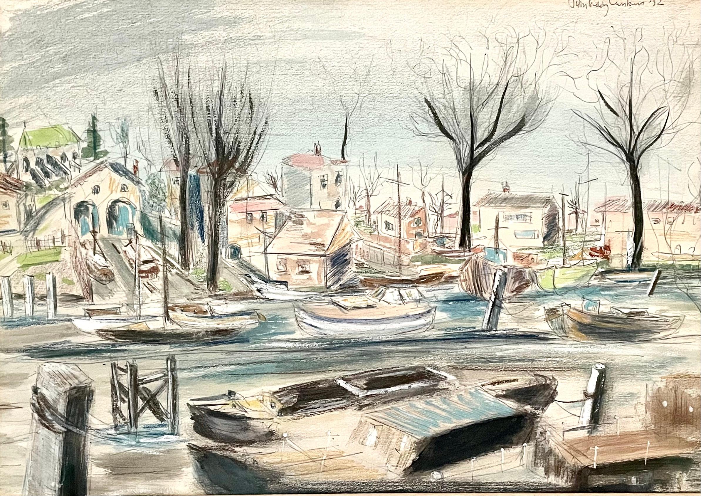 Aquarelle britannique du XXe siècle représentant des bateaux à Teddington par Paddy Carstairs