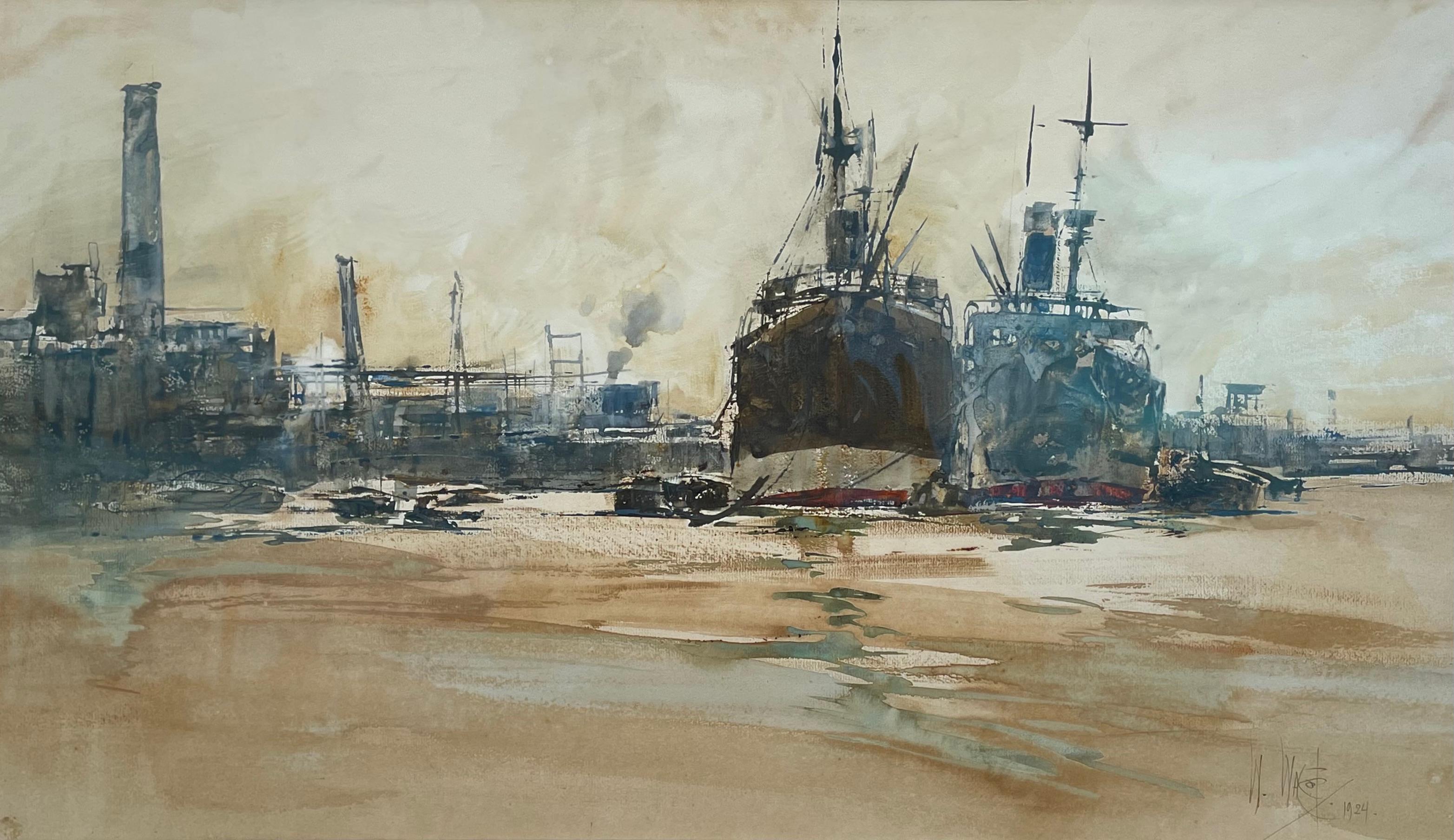 Landscape Art de William Walcot, R.E., Hon.R.I.B.A. - El estanque de Londres - Acuarela marina británica del siglo XX por William Walcot