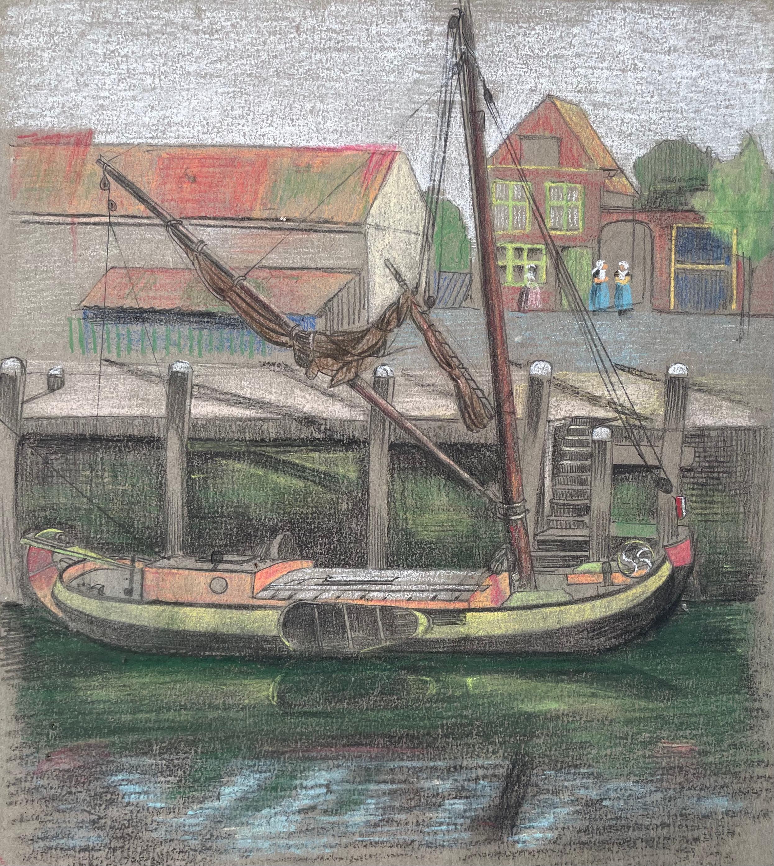 Moored Barges – Arts and Crafts Britisches Pastell von Bernard Sleigh