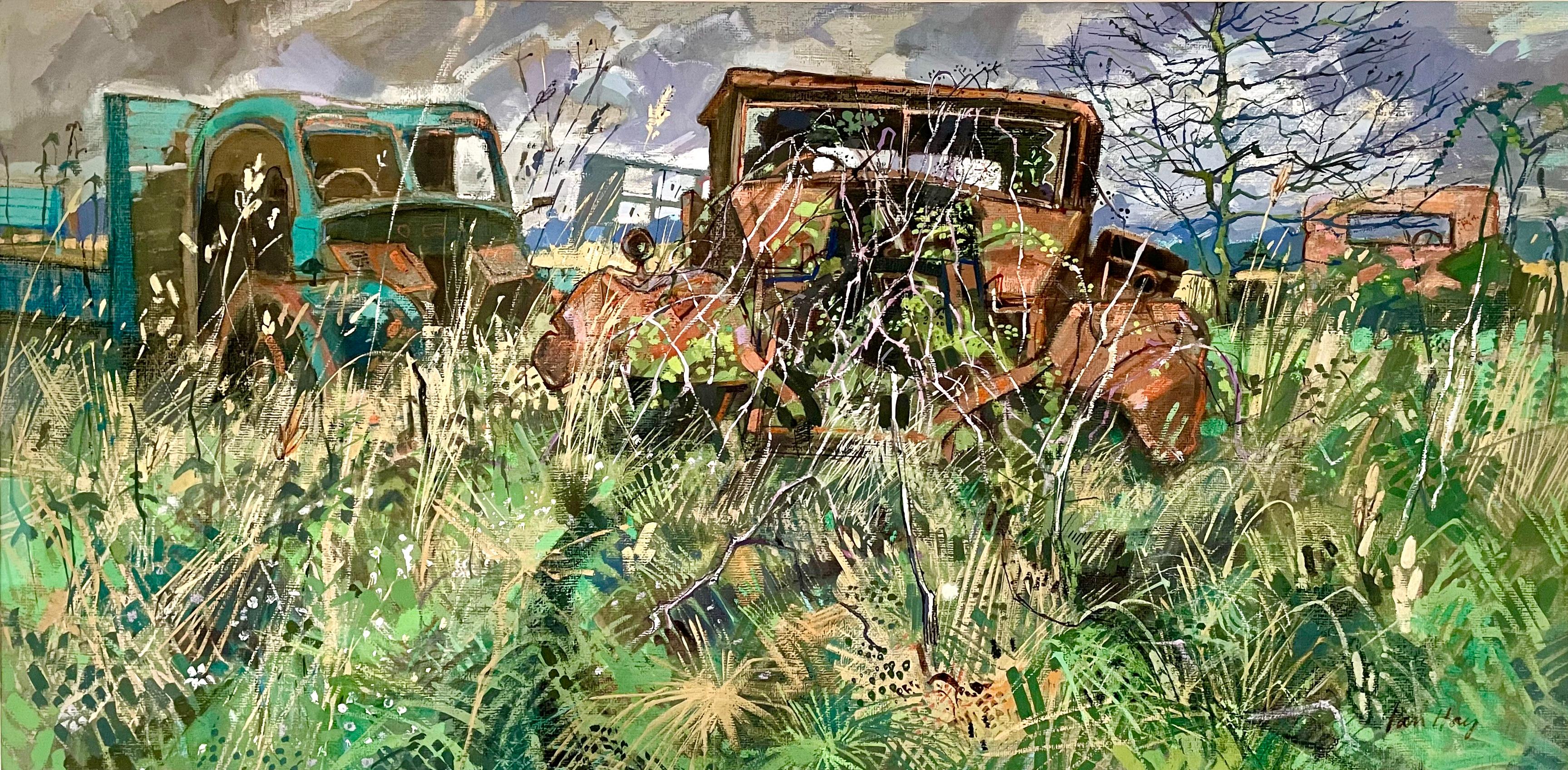 Britisches Aquarell mit rustikalen Autos aus den 1970er Jahren von Ian Hay