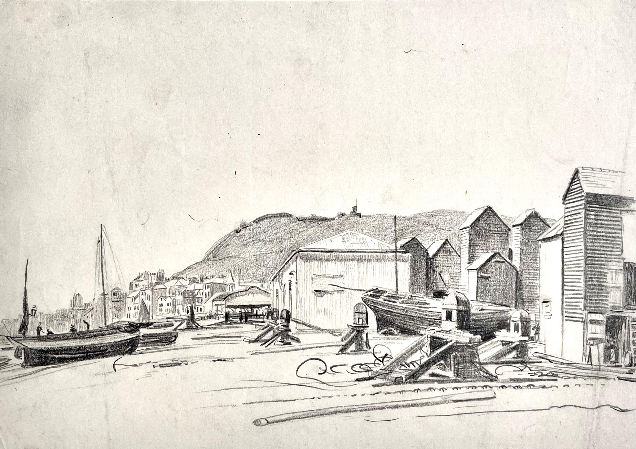 Eileen Soper - 20th Century British drawing of Netsheds on Hastings Beach