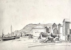 Retro Eileen Soper - 20th Century British drawing of Netsheds on Hastings Beach