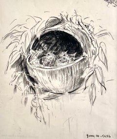 Eileen Soper - Dessin britannique du 20e siècle représentant des coqs dans un nid
