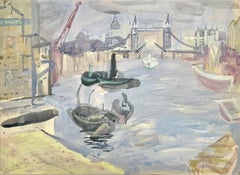 The Thames by Tower Bridge - British Impressionist watercolour by Austin Taylor