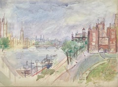 Vintage Austin Taylor - Lambeth Palace and Parliament - British watercolour