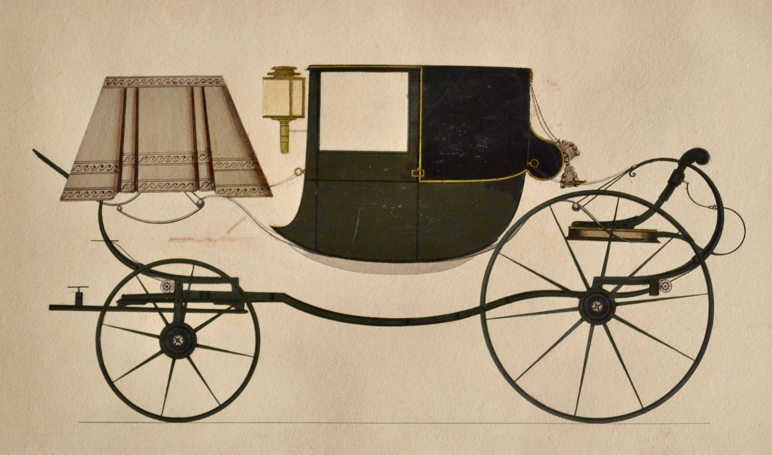 SAMUEL HOBSON
(fl. 1815-1837)

Carriage Design

Bodycolour, gum arabic, gold paint and pen and ink
Unframed in conservation mount only

 18 by 31 cm., 7 by 12 ¼ in.
(mount size 34 by 46 cm., 13 ¼ by 18 in.)

Samuel Hobson was one of London’s premier