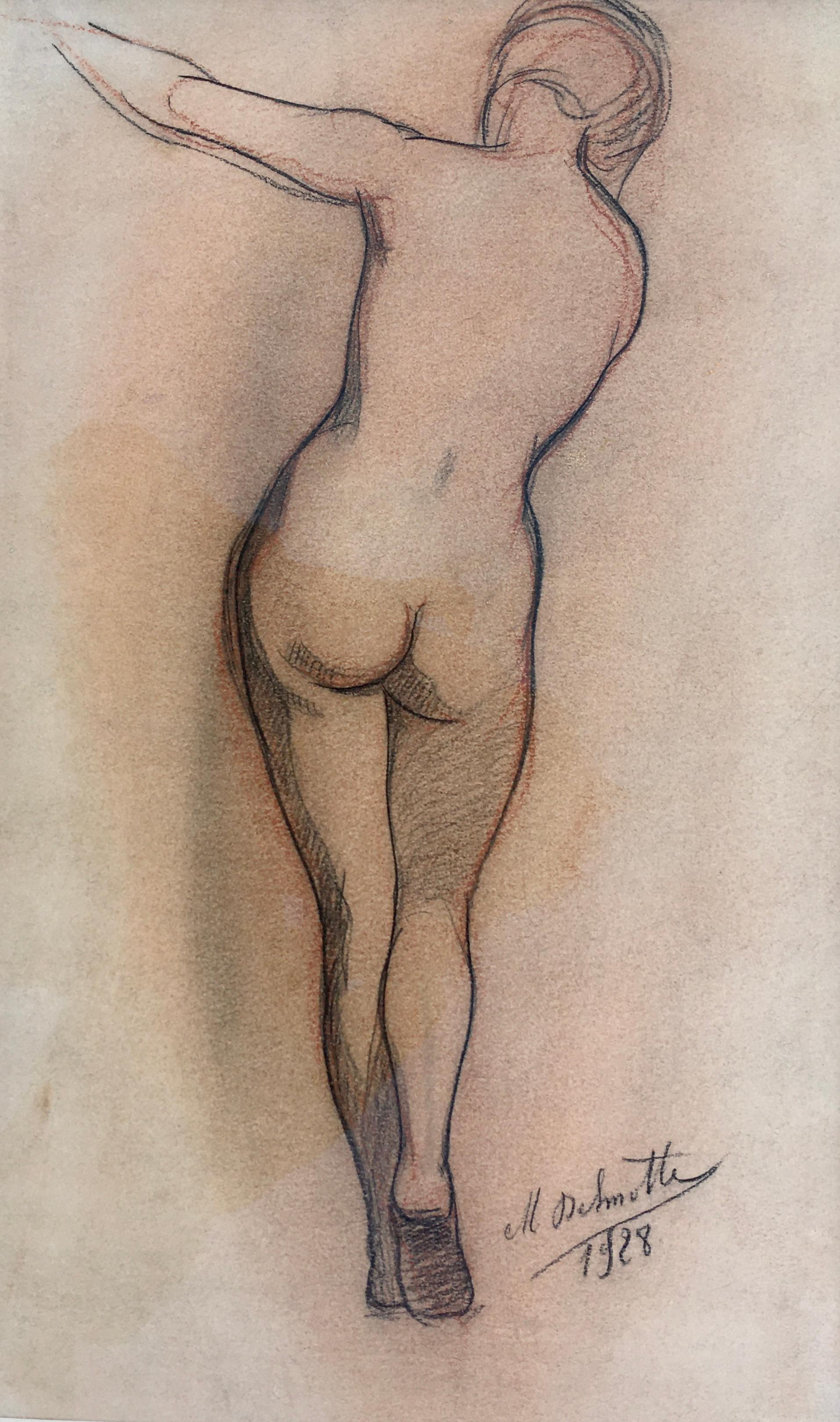 Nu féminin - dessin à la craie des années 1920 par l'artiste symboliste belge Marcel Delmotte