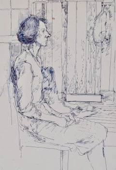 Dessin britannique du 20e siècle Modernity d'une femme assise par Carolyn Sergeant