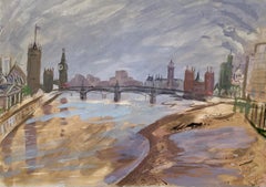 Le Parlement et la Tamise - Aquarelle britannique des années 1960 de Londres par Austin Taylor