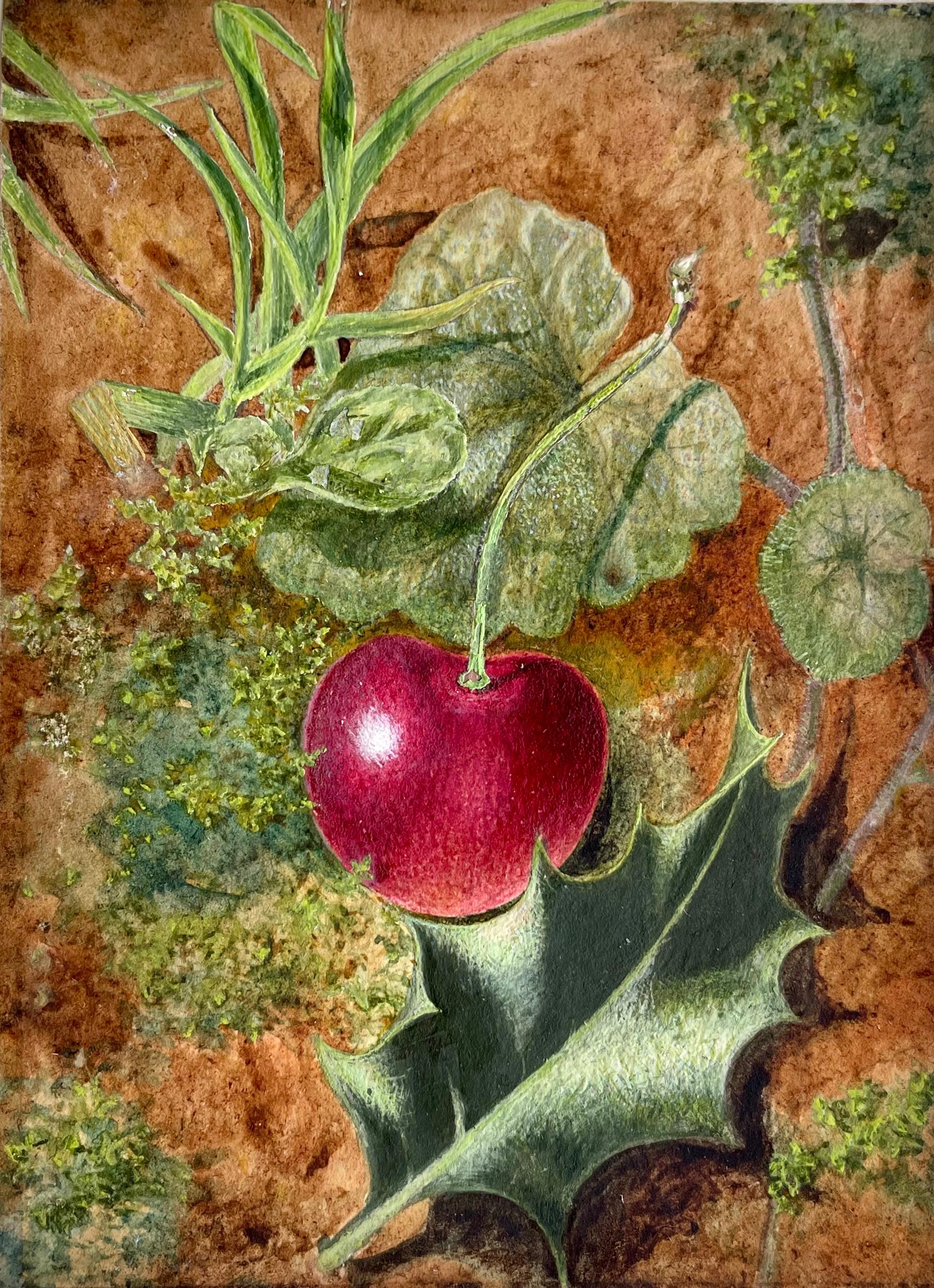 Unknown Still-Life - 19th Century British School Still Life Watercolour of Holly and a Cherry