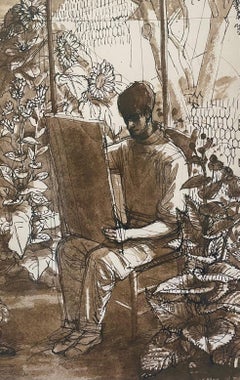 Vintage Charles Mahoney - Self Portrait, Modern British watercolour and ink drawing