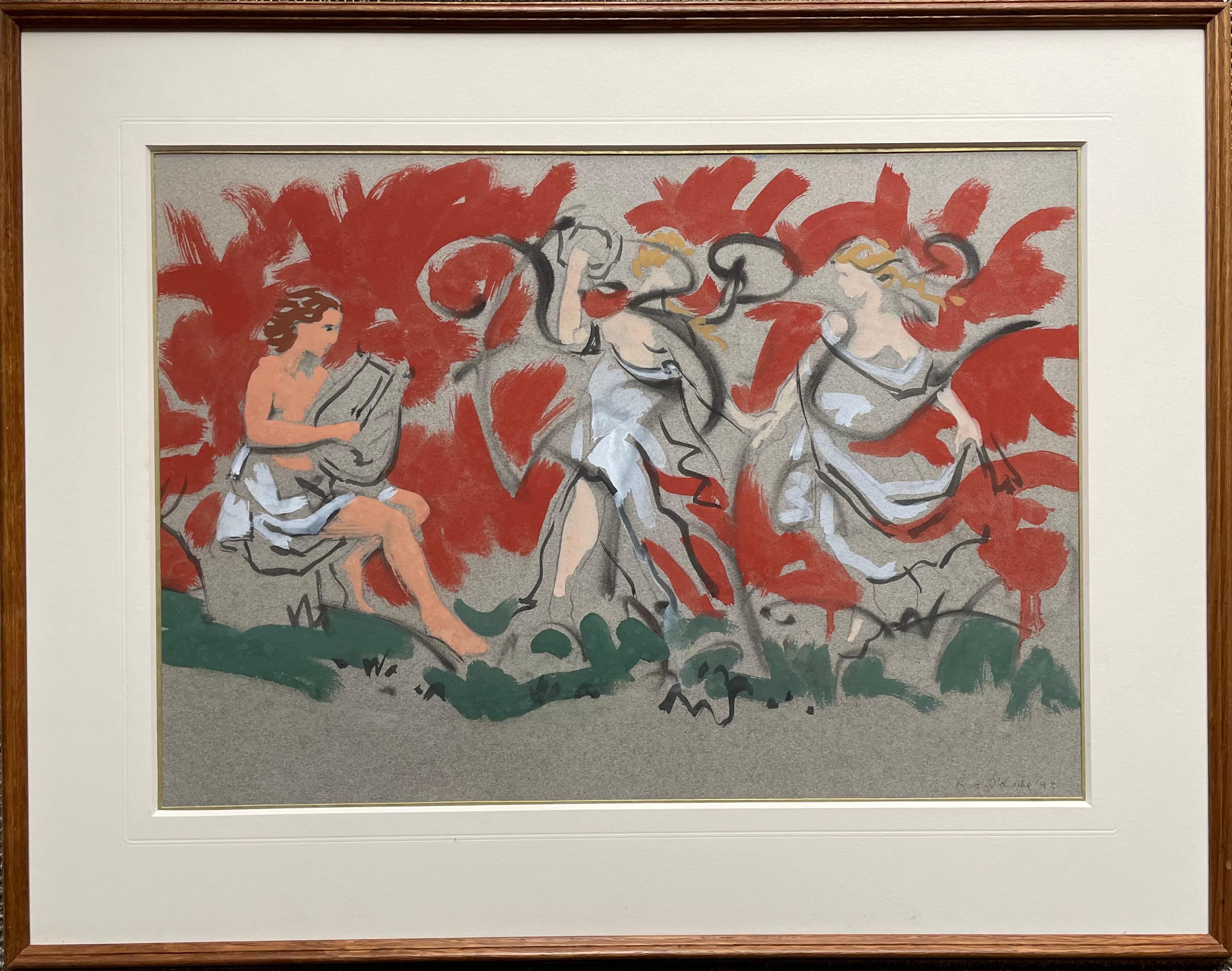 ROBERT O’RORKE
(Born 1945)

Orpheus

Signed and dated l.r.: Rbt O’Rorke ’93; signed, dated 1993 and inscribed The Dance No.3 on a label attached to the backboard
Watercolour on grey paper
Framed

33.5 by 47 cm., 13 ¼ by 18 ½ in.
(frame size 50 by