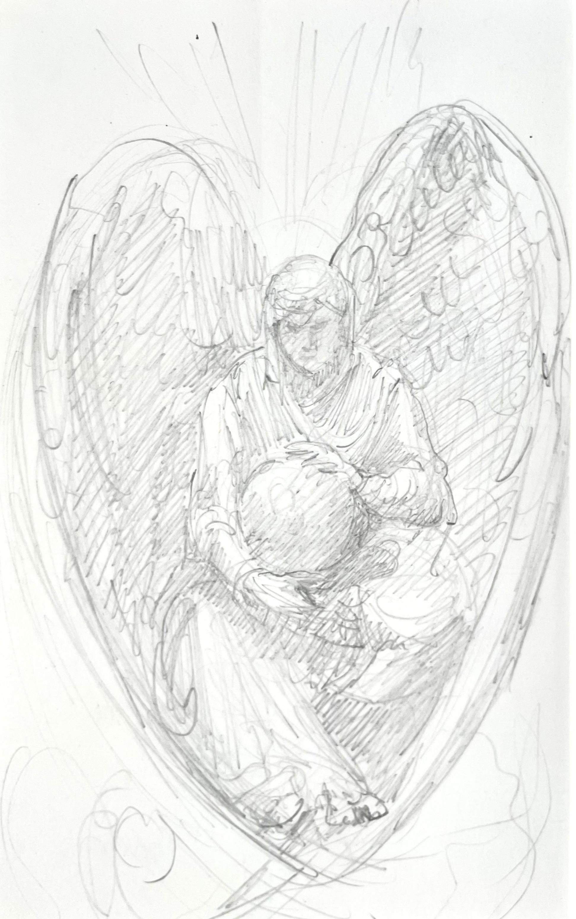 SIR WILLIAM BLAKE RICHMOND, RA
(1842-1921)

Estudio de un ángel

Lápiz 
Sin enmarcar, sólo en montaje

18,5 por 10,5 cm., 7 ¼ por 4 ¼ pulg.
(tamaño de montaje 32 por 25 cm., 12 ½ por 10 pulg.)

William Blake Richmond era hijo del pintor y