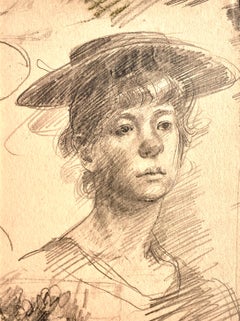 John Sergeant - Disegno di ritratto di una ragazza con cappello del XX secolo