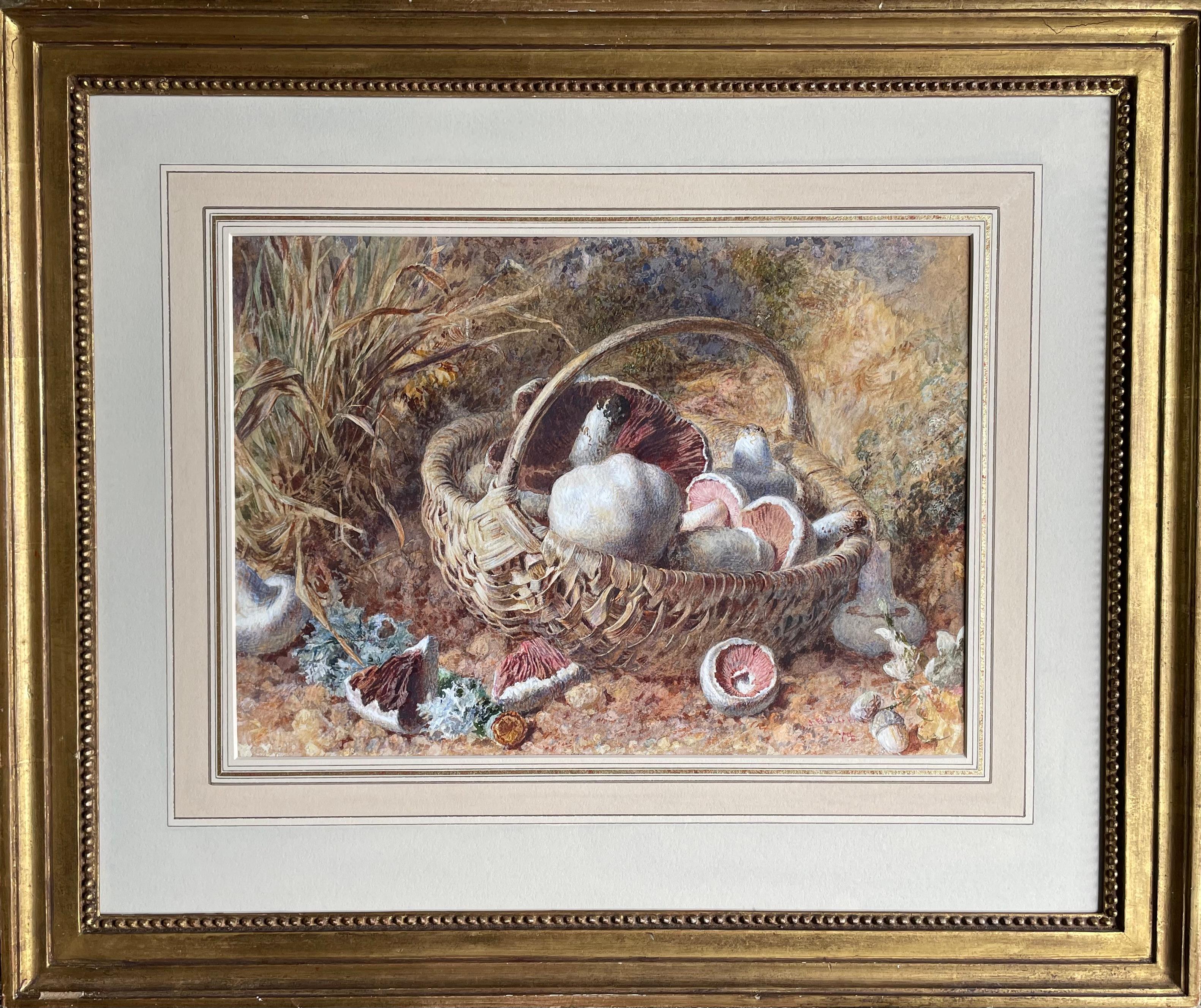 Jebez Bligh - Nature morte britannique du 19e siècle, aquarelle de champignons dans un panier