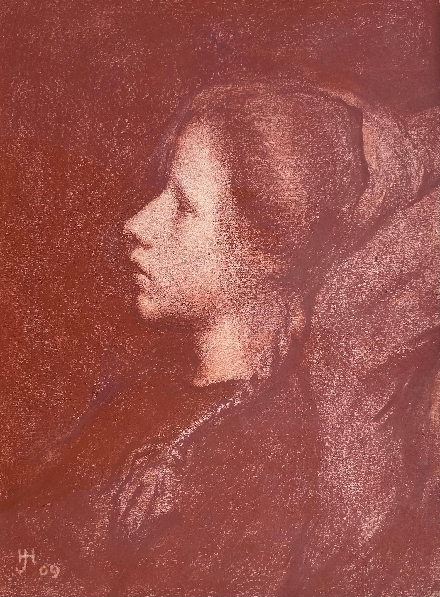 Herbert Johnson Harvey Portrait - Reverie - Early 20th Century British chalk drawing of a girl by H J Harvey
