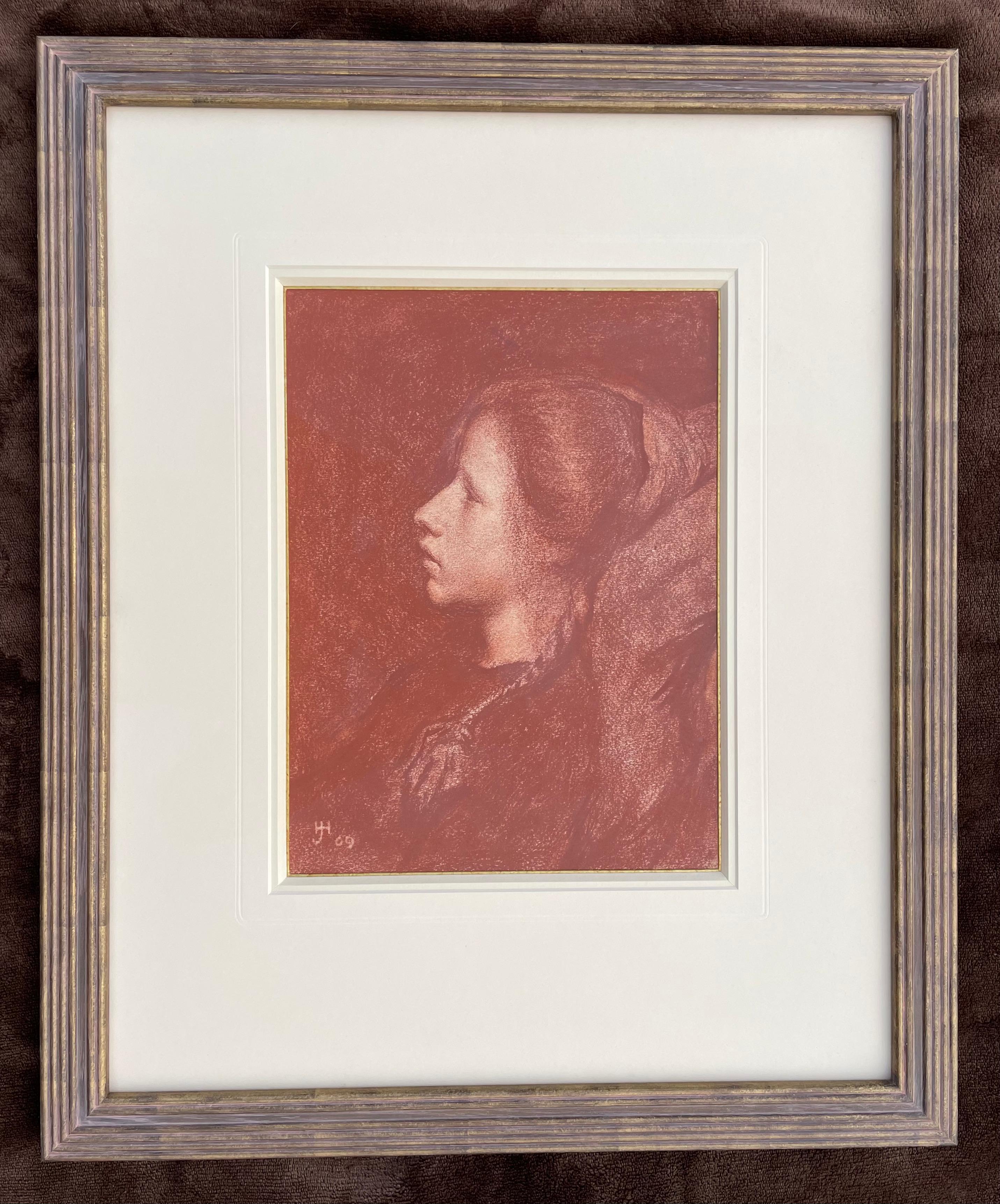 Reverie - Early 20th Century British chalk drawing of a girl by H J Harvey - Art by Herbert Johnson Harvey
