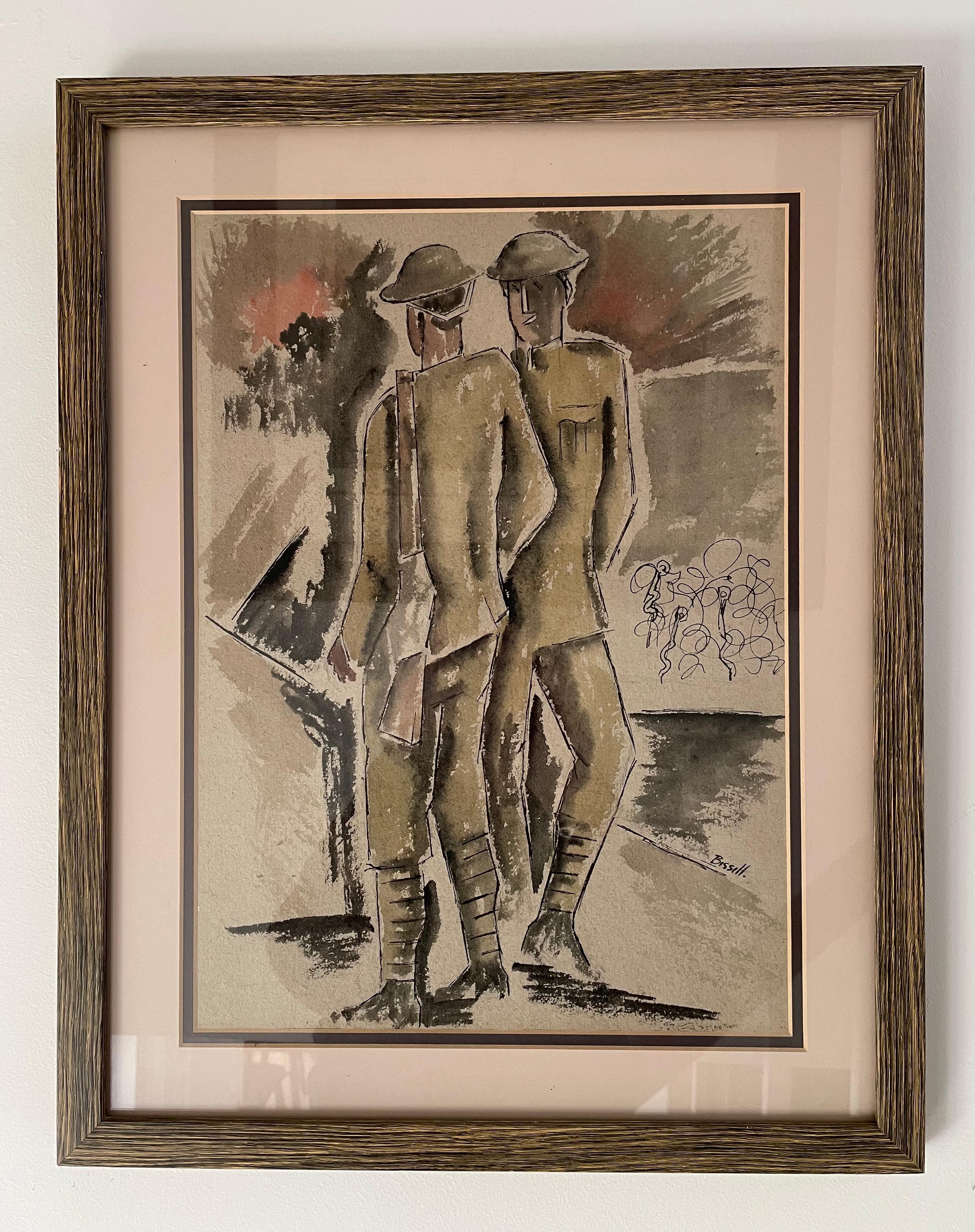GEORGE BISSILL
(1896-1973)

Two Soldiers

Signed l.r.: Bissill
Watercolour and pen and ink on buff paper
Framed

38.5 by 28 cm., 15 ¼ by 11 in.
(frame size 51 by 40.5 cm., 20 by 16 in.)

Provenance:
The artist’s estate;
Kate Pattinson, the artist’s