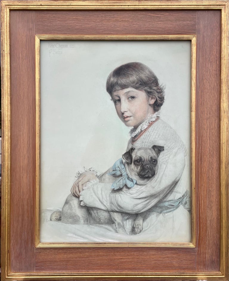British Pre-Raphaelite Portrait drawing of Girl with Pug Dog by Frederick Sandys - Gray Animal Art by Anthony Frederick Augustus Sandys