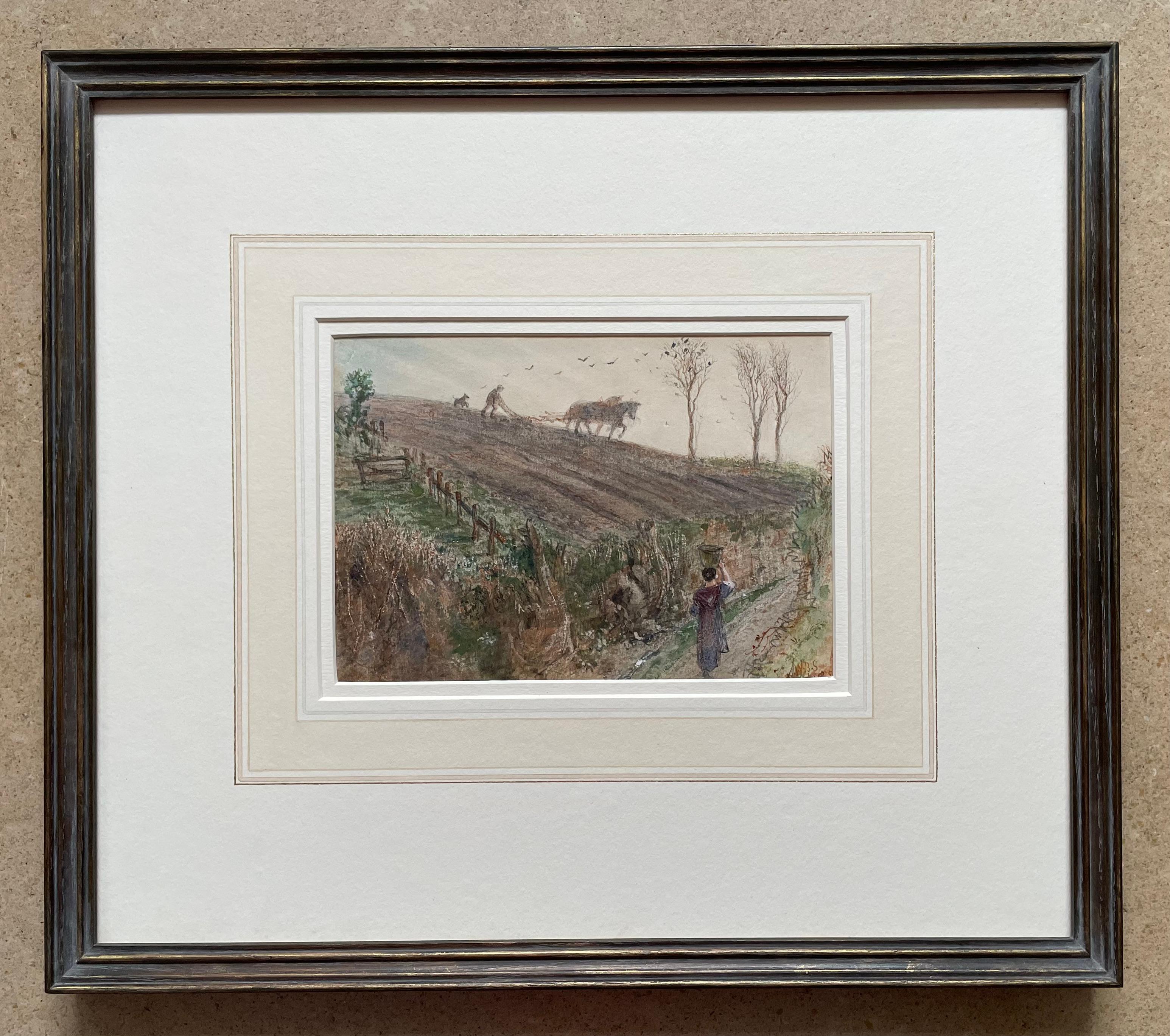 Winter Ploughing - Pre-Raphaelite watercolour by William Bell Scott For Sale 2
