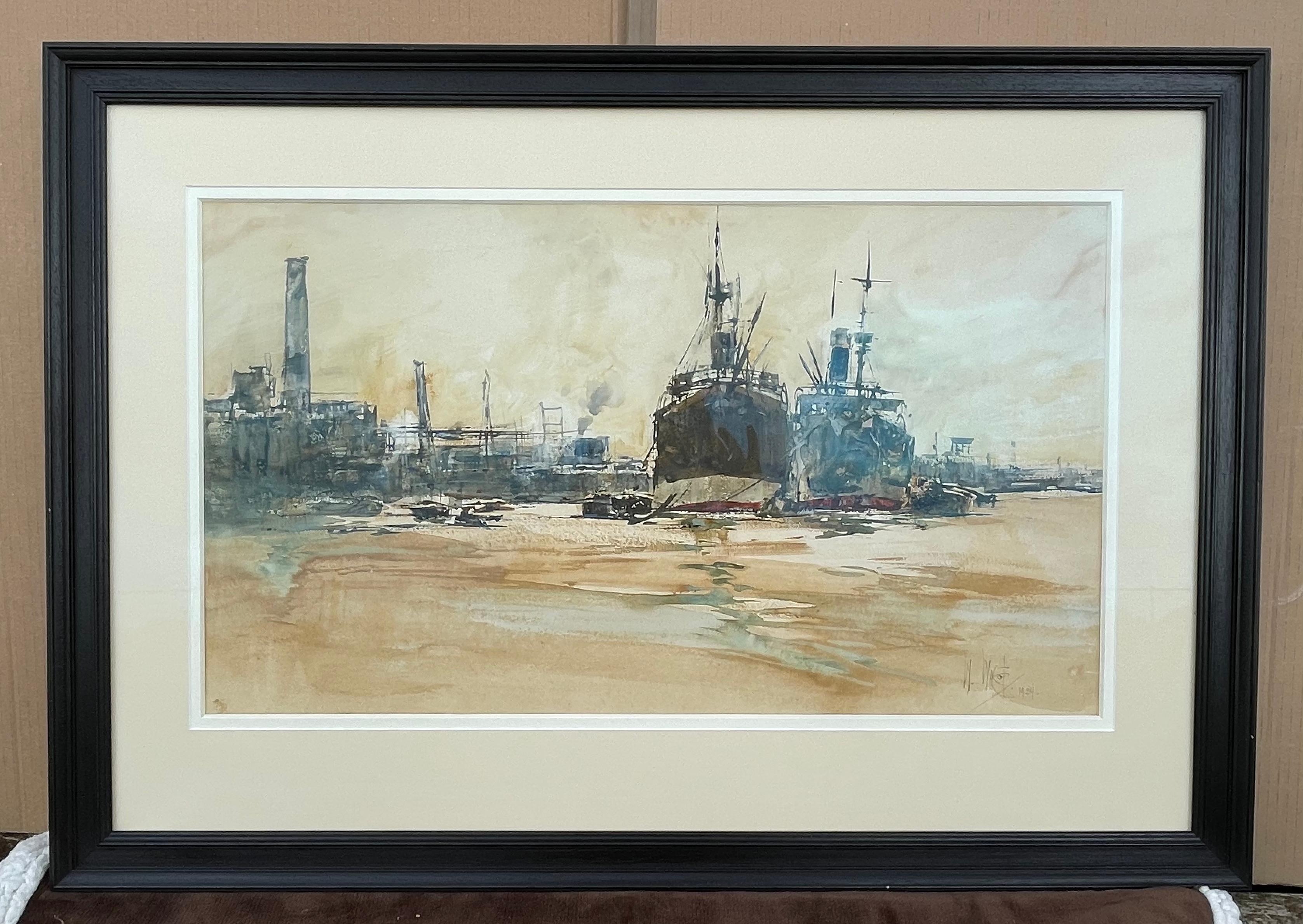 The Pool of London - 20th Century British marine watercolour by William Walcot - Realist Art by William Walcot, R.E., Hon.R.I.B.A.