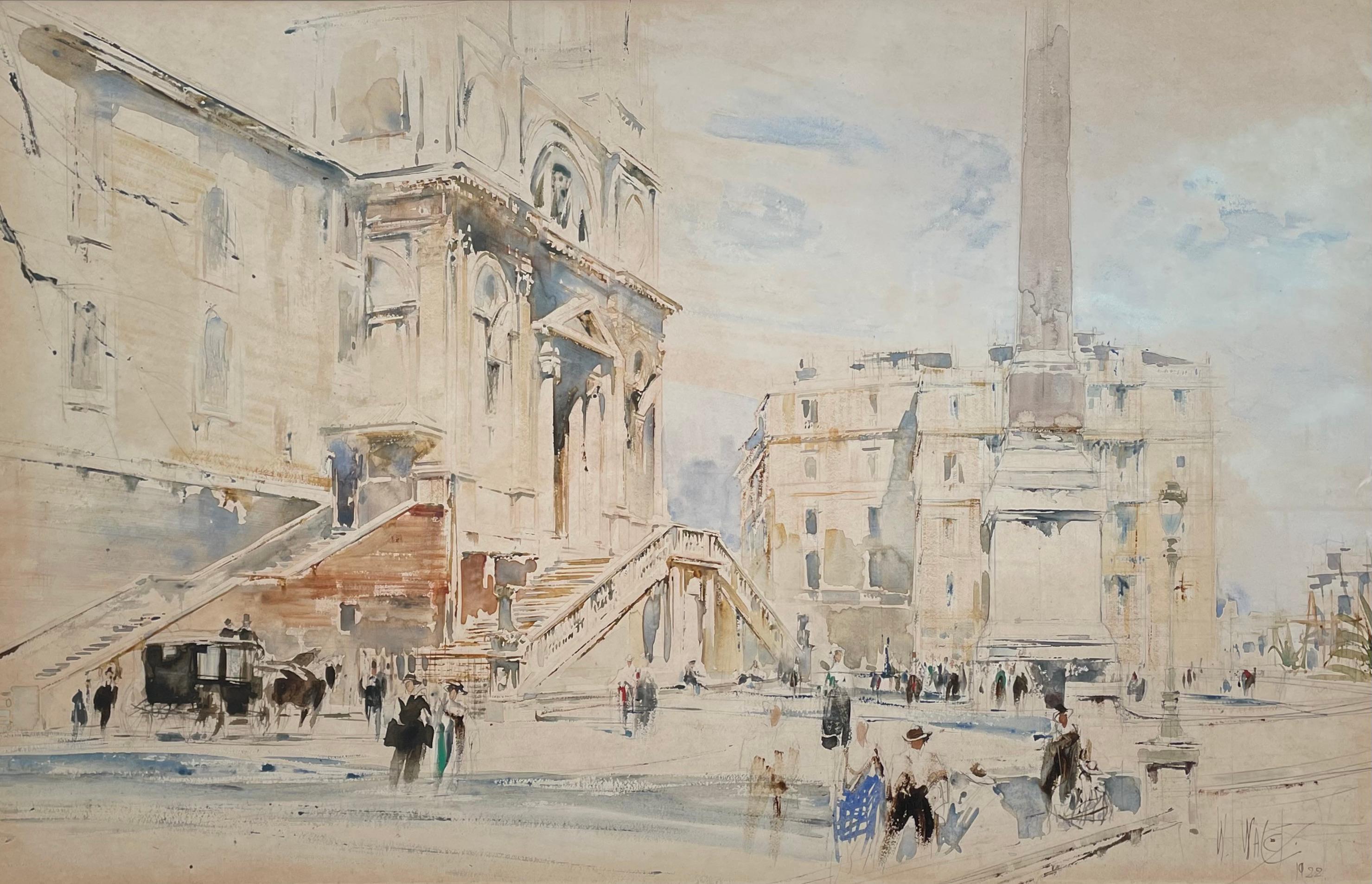 William Walcot - Acquerello britannico del XX secolo raffigurante la sommità di Piazza di Spagna, Roma - Art di William Walcot, R.E., Hon.R.I.B.A.
