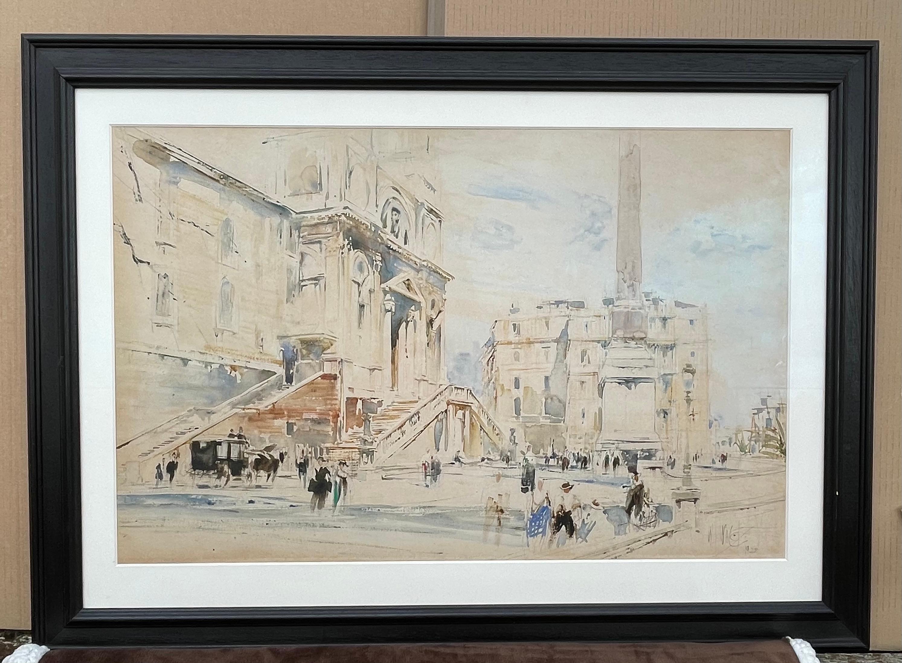 William Walcot - 20th Century British watercolour of top of Spanish Steps, Rome - Brown Landscape Art by William Walcot, R.E., Hon.R.I.B.A.
